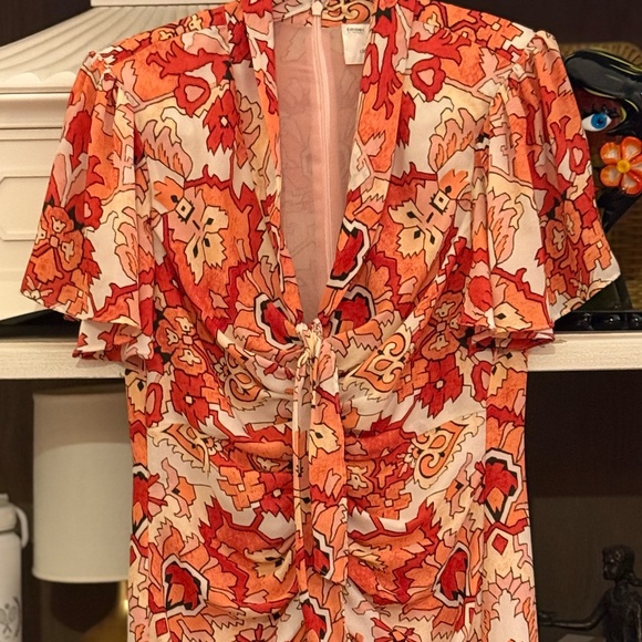 Cinq a Sept Peeta Ruched Damask Midi Dress pink poppy multi size 6 - Picture 9 of 9